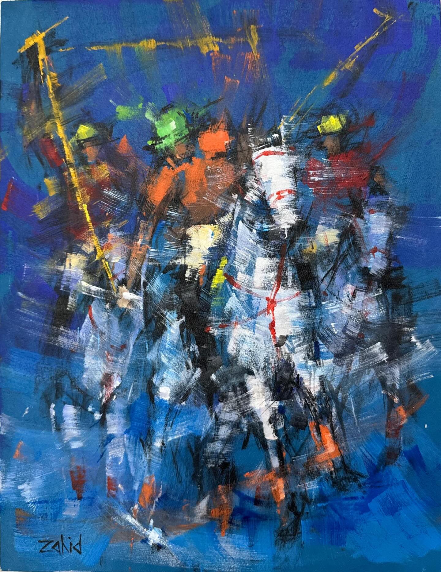An abstract painting of a polo match, heavily textured with impasto oil paint. The composition is dynamic, featuring riders and horses in mid-gallop, rendered with aggressive palette knife strokes in stark blacks, greys, and vibrant flashes of primary colors against a light background.
