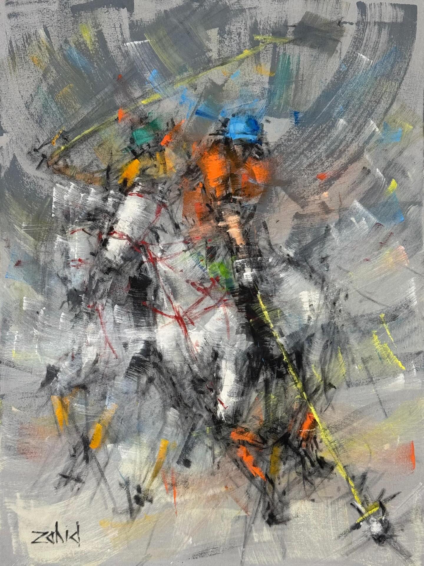 A vivid, energetic painting of polo players in action, characterized by thick, gestural brushwork in deep blues, fiery oranges, and stark whites. The motion of the horses and mallets is captured through blurred, forceful strokes, conveying a sense of speed and raw power.