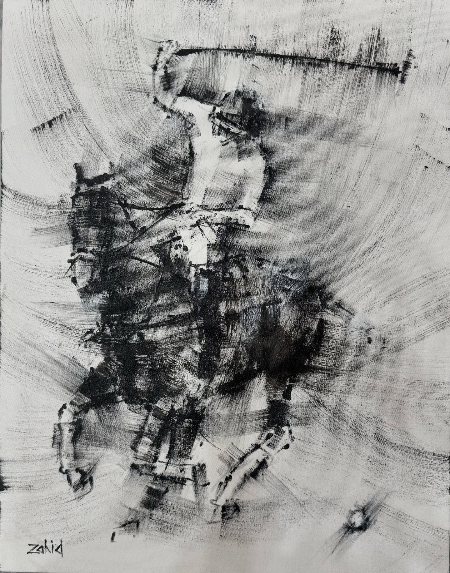 A striking mixed media artwork depicting a single polo player mid-swing. The piece uses a stark, high-contrast palette of charcoal black and vibrant purple on a textured, light background. The figure is almost sketched, emphasizing gesture and kinetic energy over realistic detail.