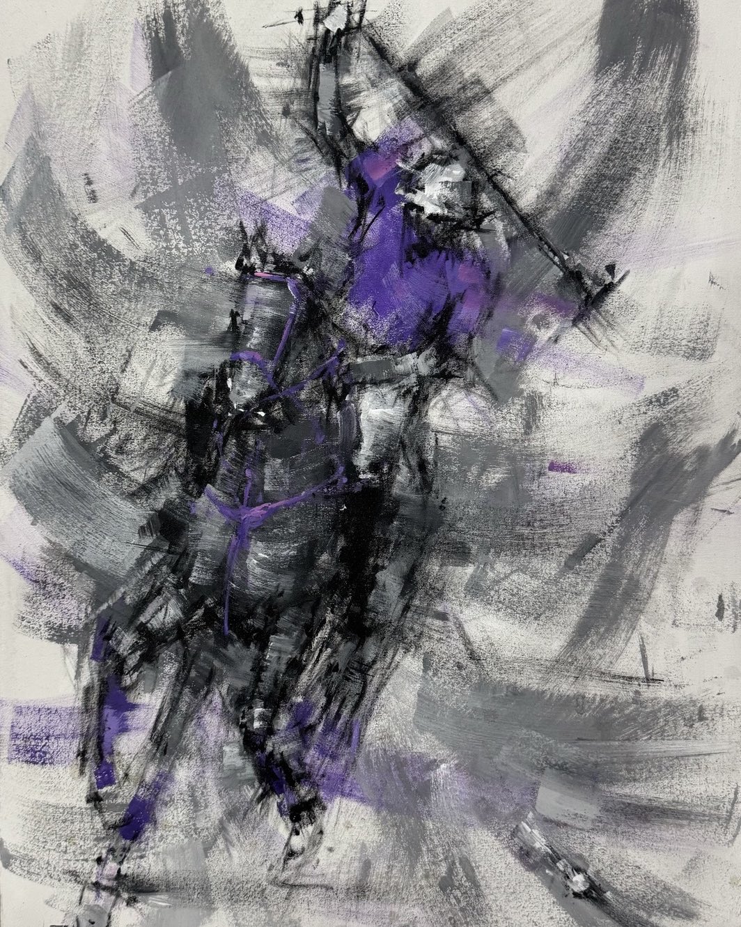 An abstract painting of a polo match, heavily textured with impasto oil paint. The composition is dynamic, featuring riders and horses in mid-gallop, rendered with aggressive palette knife strokes in stark blacks, greys, and vibrant flashes of primary colors against a light background.