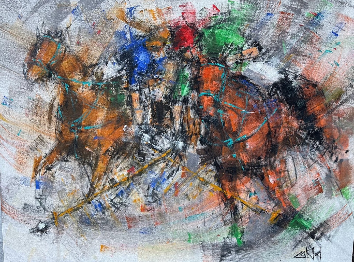 A vivid, energetic painting of polo players in action, characterized by thick, gestural brushwork in deep blues, fiery oranges, and stark whites. The motion of the horses and mallets is captured through blurred, forceful strokes, conveying a sense of speed and raw power.
