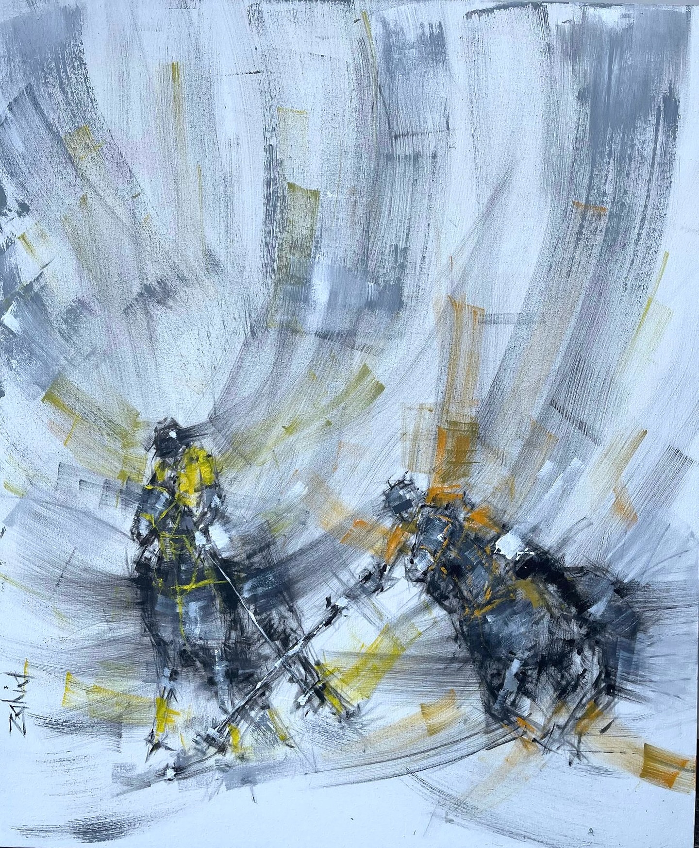 A striking mixed media artwork depicting a single polo player mid-swing. The piece uses a stark, high-contrast palette of charcoal black and vibrant purple on a textured, light background. The figure is almost sketched, emphasizing gesture and kinetic energy over realistic detail.